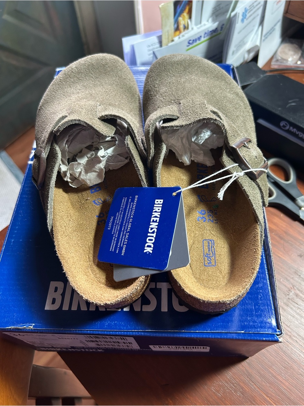 Women’s Birkenstock Suede Clog Mules in Taupe Brown